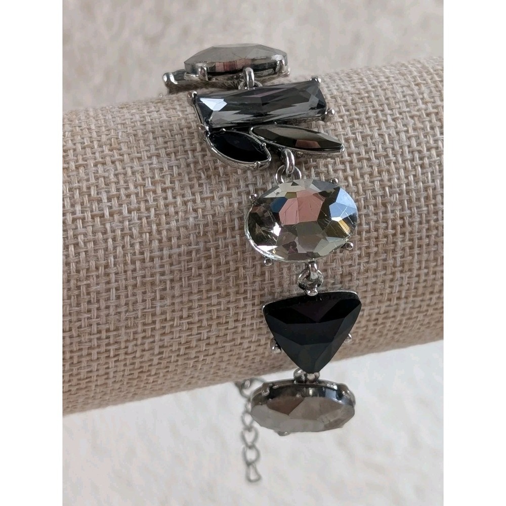 Silver Tone Black & Gray Faceted Crystal Statement Bracelet Adjustable Link